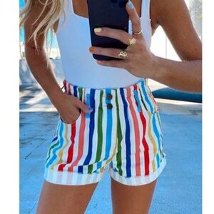Show Me Your Mumu Emilia Rainbow Striped Denim Shorts